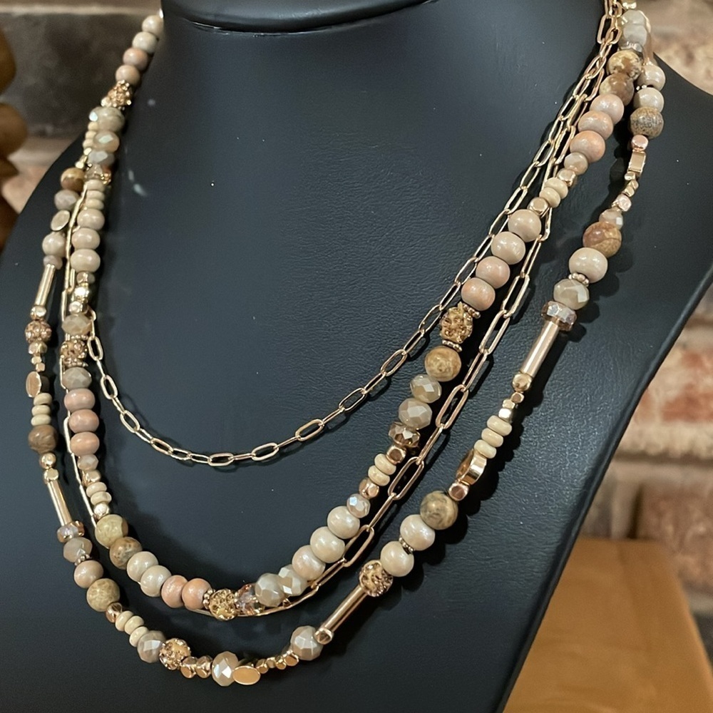 4 strand gold tone with wooden and glass AB beads neutral tones